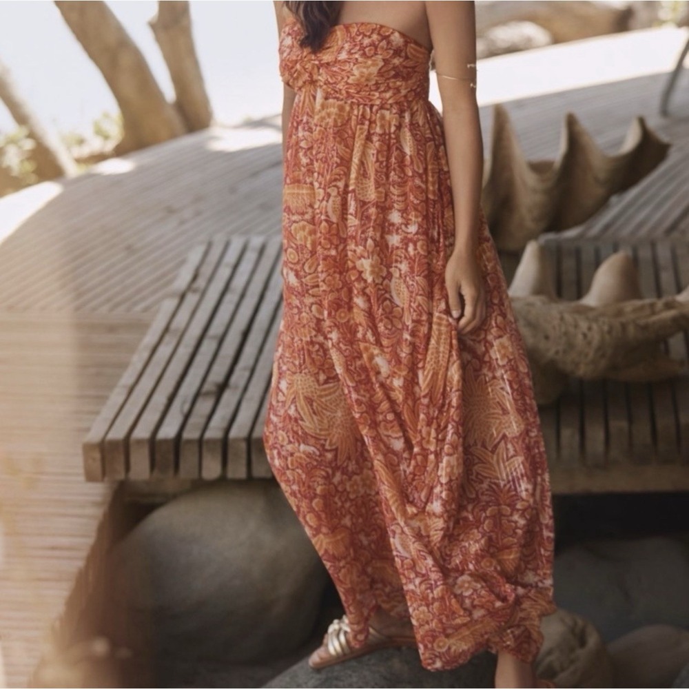 Anthropologie Strapless Floral Print Jumpsuit in Rust & Gold